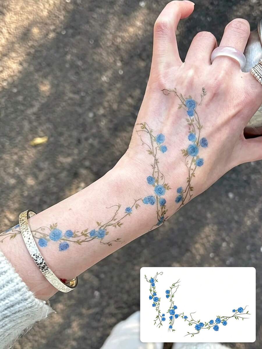 1 pieza tatuaje temporal de muñeca con rosa pequeña en acuarela azul claro, patrón floral de enredadera rizada minimalista fresco y romántico, pegatinas de tatuaje falso envolvente a prueba de agua para muñeca, mano y espalda, decoración corporal suave y femenina para chicas - Multicolor - Ver 1