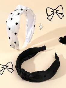 2pcs Black White Polka Dot Knotted Headband For Girls Classic Dot Pattern Hairband Soft Casual Daily Hair Hoop Teens Hair Accessories - Multicolor - View 2