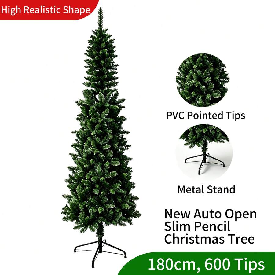 6FT/180cm Slim Pencil Artificial Pine Tree,600T Dense PVC Pointed Branches,Automatic Hinged Foldable Iron Stand, Flame Retardant Anti Deform Anti Fading Space Saving Corner Decor For Home Apartment Office All Season Indoor Decor - Green - View 1