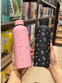 500ml/16.9oz 不鏽鋼迷你花卉圖案馬克杯，便攜保溫水瓶附橡膠塗層，適合居家與戶外運動，返校季送給家人朋友的完美禮物 - 粉紅小花 - 查看 3