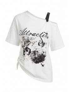 American Style Graphic Print Asymmetrical Shoulder Short Sleeve T-Shirt, Sexy Loose Unique Chic Top For Women, Summer White - White - View 10
