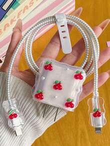 5件組可愛紅色櫻桃設計手機充電器保護套組，適用 20W/18W 充電器，含充電線保護套與充電頭保護套，防塵防摔，可愛女孩風，完美節日禮物 - 紅色 - 查看 3