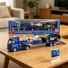 1:64比例 4件組警察運輸卡車玩具套裝，合金與塑膠壓鑄消防車、軍用車、警車與直升機模型，迷你摩擦動力工程拖車，兒童車輛玩具組，適合男孩與女孩的生日禮物 - 藍色 - 查看 17