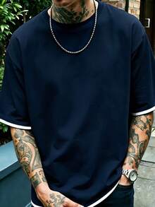 Men's Summer Fashion Versatile T-Shirt, Contrast Color 2 In 1 Design, Regular Crew Neck, Breathable Knit Fabric, Suitable For Daily Wear - Navy Blue - View 4