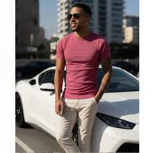 American Ribbed Fitted T-Shirt, Gringa Style, Slim Fit, Casual, Premium Men's Spring/Summer - ROSA - Ver 2