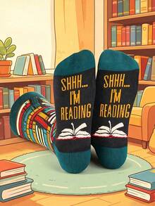 1 Pair Unisex Fun "Shhh... I'm Reading" Book Pattern Mid-Calf Socks, Casual All-Season Style, Perfect Gift For Book And Reading Lovers - Multicolor - View 1