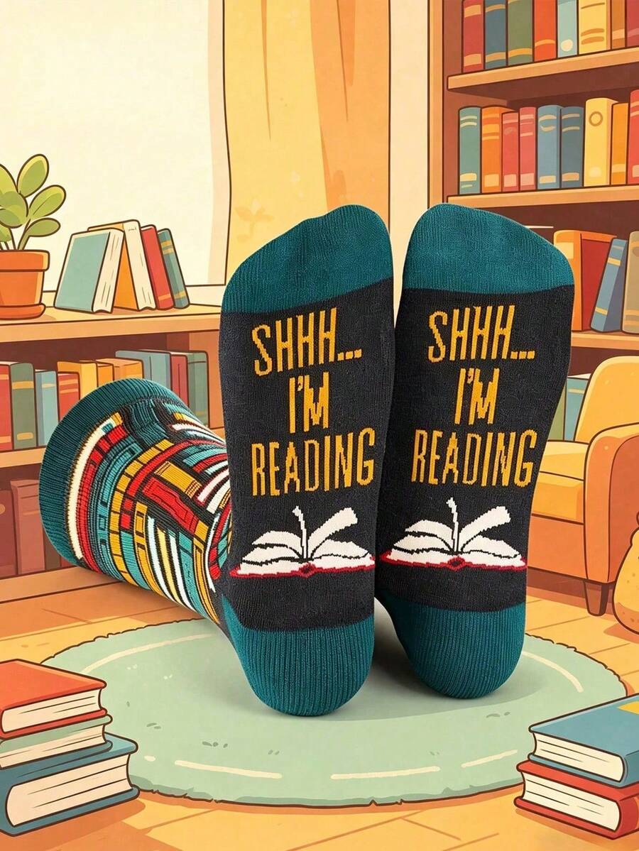 1 Pair Unisex Fun "Shhh... I'm Reading" Book Pattern Mid-Calf Socks, Casual All-Season Style, Perfect Gift For Book And Reading Lovers - Multicolor - View 1
