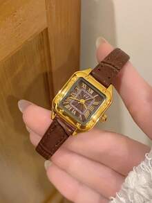 1 pièce Montre-bracelet à quartz ovale avec chiffres romains, style décontracté et élégant pour femmes, convient pour le port quotidien - Tabac - Voir 6