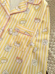 Women's Long Pants Pajama Set, Cute Cat And Moon Print Long Sleeve Button-Up Top, Soft Striped Loungewear, 2-Piece Sleepwear - Yellow - View 6