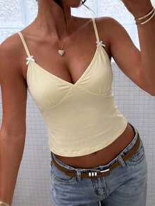 DOUCIU Hot Girl Solid Color Bow Spaghetti Strap Tank Top Sexy Slim Daily Streetwear - Yellow - View 4