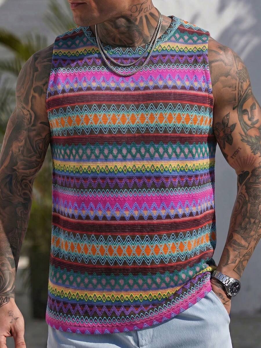 Camiseta sin mangas de cuello redondo para hombre, estilo Old Money casual de verano con contraste de color - Púrpura malva - Ver 1