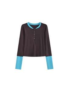 Atasan Wanita Model Base Layer Ketat dengan Desain Colorblock dan Leher Bulat - Coklat - View 6