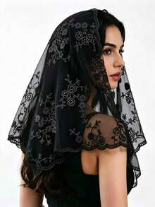 1pc Women's Spring/Autumn Versatile Transparent Lace Printed Triangular Scarf - Multicolor - View 6