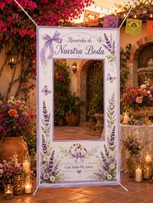 1pc Lavender Spanish Wedding Photo Booth Frame, Printed With Recuerdos De Nuestra Boda And Con Todo Mi Amor, Floral, Bowknot And Ring Patterns, Polyester Rectangular Hollow Background Cloth With 4 Metal Grommets, Suitable For Wedding Reception, Bridal Shower And Photo Decoration - Multicolor - View 10