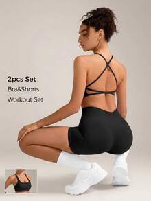 VVX Women's Built-In Bra Fitness Set, Elastic Sports Outfit, Suitable For Yoga, Cycling, Gym Training - Black - View 6