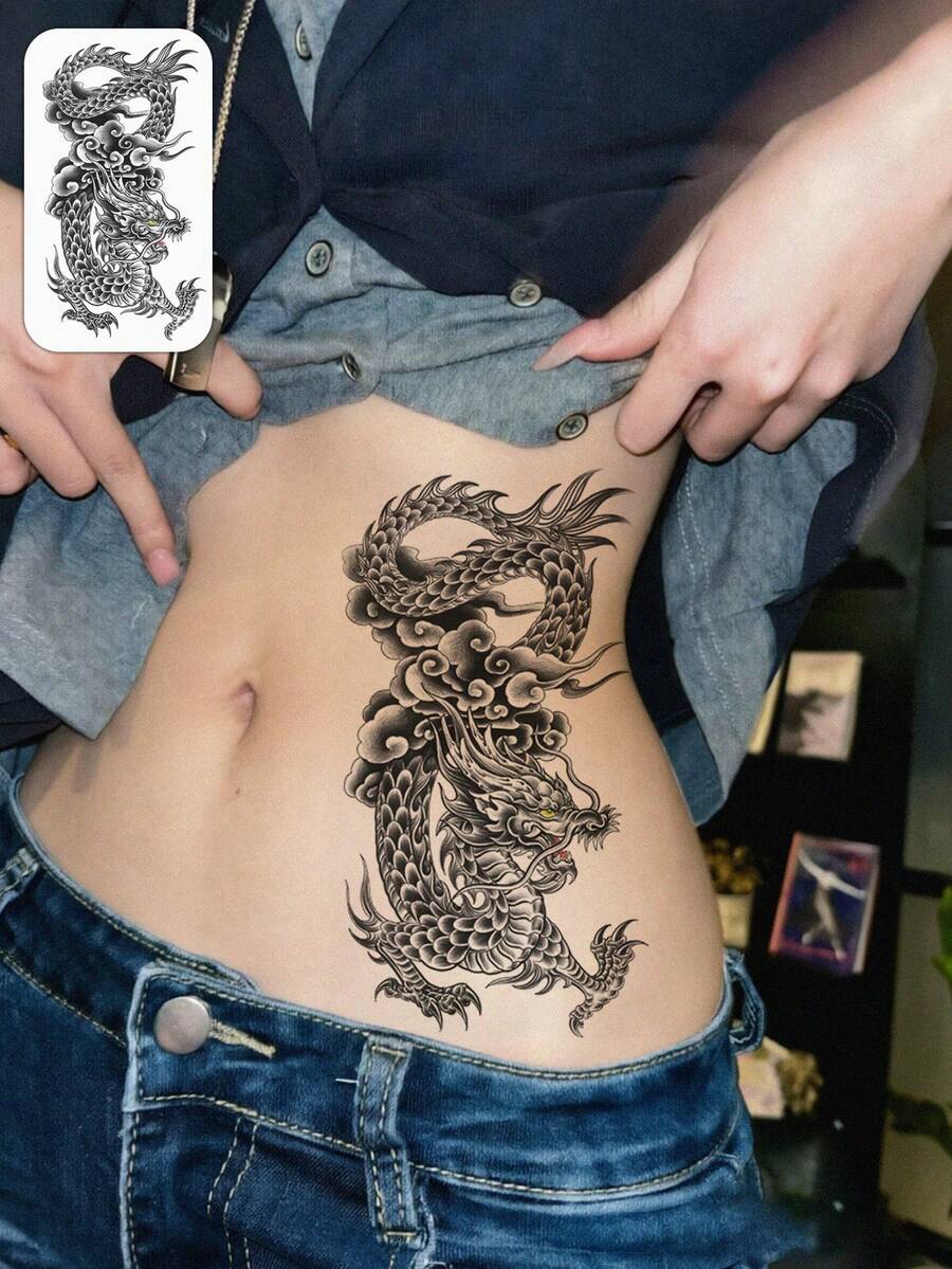1 pieza Tatuaje de estilo Y2K con dragón, nubes auspiciosas, tatuaje de tótem de dragón, pegatina de tatuaje temporal, resistente al agua y al sudor, lavable, sin efecto reflectante, simula el efecto de tatuaje en brazos, piernas, hombros, pecho, espalda, adecuado para personas a la moda, dura de 3 a 5 días - Negro - Ver 1