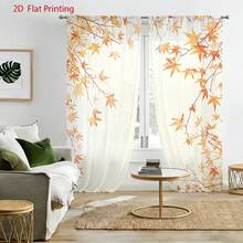 2PCS Wedding Room,Warm Home Decoration Window Screen,2D Printing Sheer Curtains,Semi Transparent Thin Gauze Curtains For Living Room And Bedroom,Orange Yellow Maple Leaf Autumn Watercolor Pattern,Pole Bag Design,Hanging Window Screen Through Pole - Multicolor - View 1
