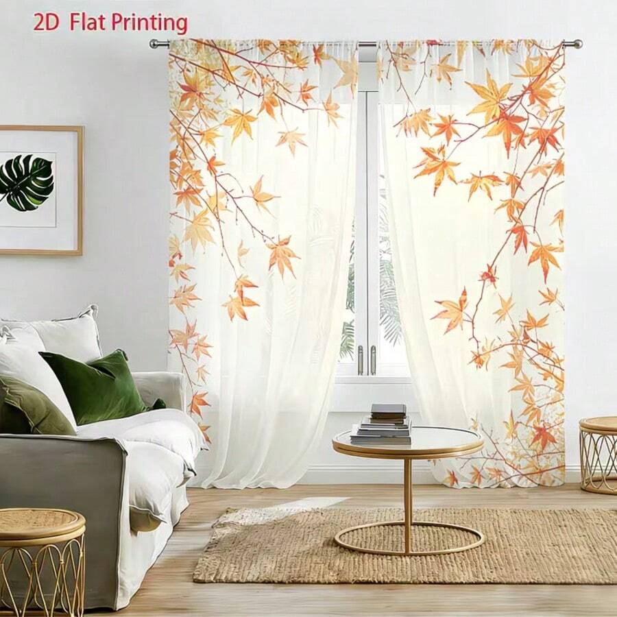 2PCS Wedding Room,Warm Home Decoration Window Screen,2D Printing Sheer Curtains,Semi Transparent Thin Gauze Curtains For Living Room And Bedroom,Orange Yellow Maple Leaf Autumn Watercolor Pattern,Pole Bag Design,Hanging Window Screen Through Pole - Multicolor - View 1