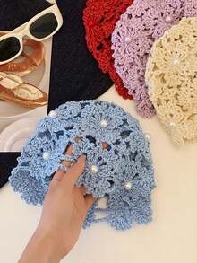 Gorro de mujer de moda hecho a mano con cuentas, pañuelo de cabeza de ganchillo calado de estilo vintage exótico para primavera/verano - Sombrero tejido - Ver 9