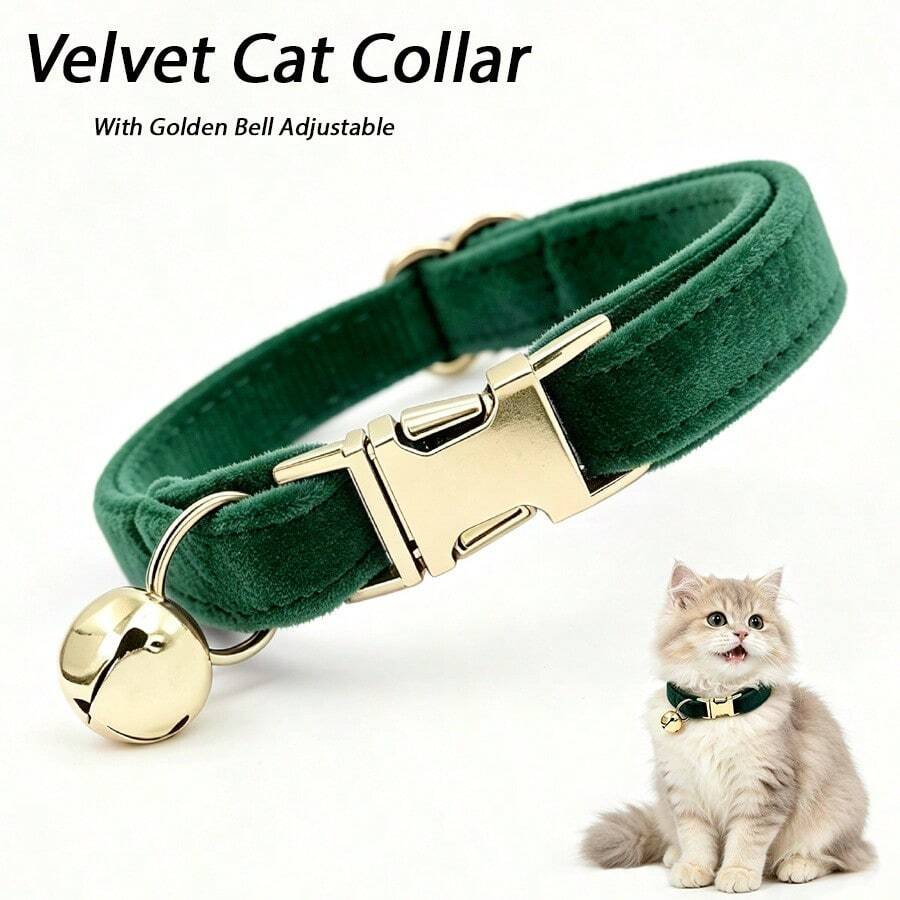 1pc Velvet Pet Cat Collar With Bell, Metal Quick-Release Buckle, Adjustable, Skin-Friendly, Soft, Durable, Non-Choking, Suitable For Kittens And Adult Cats, Daily Walking, All Seasons, New Year, Thanksgiving, Christmas, Pet Gift - Dark Green - View 1