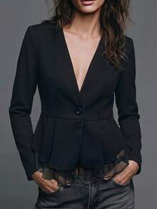 Blazer Wanita Elegan Warna Hitam dengan Hem Asimetris dan Ruffle, Trim Renda Kontras, Lengan Panjang, Bahan Poliester, Jaket Musim Gugur - Hitam - View 6