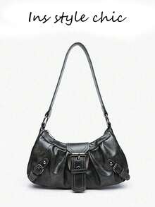Simple Ruched Shoulder Bag Front Large Buckle Design Side Small Strap Decor Adjustable Single Strap Lightweight Armpit Bag For Shopping Casual Use - Black - View 1