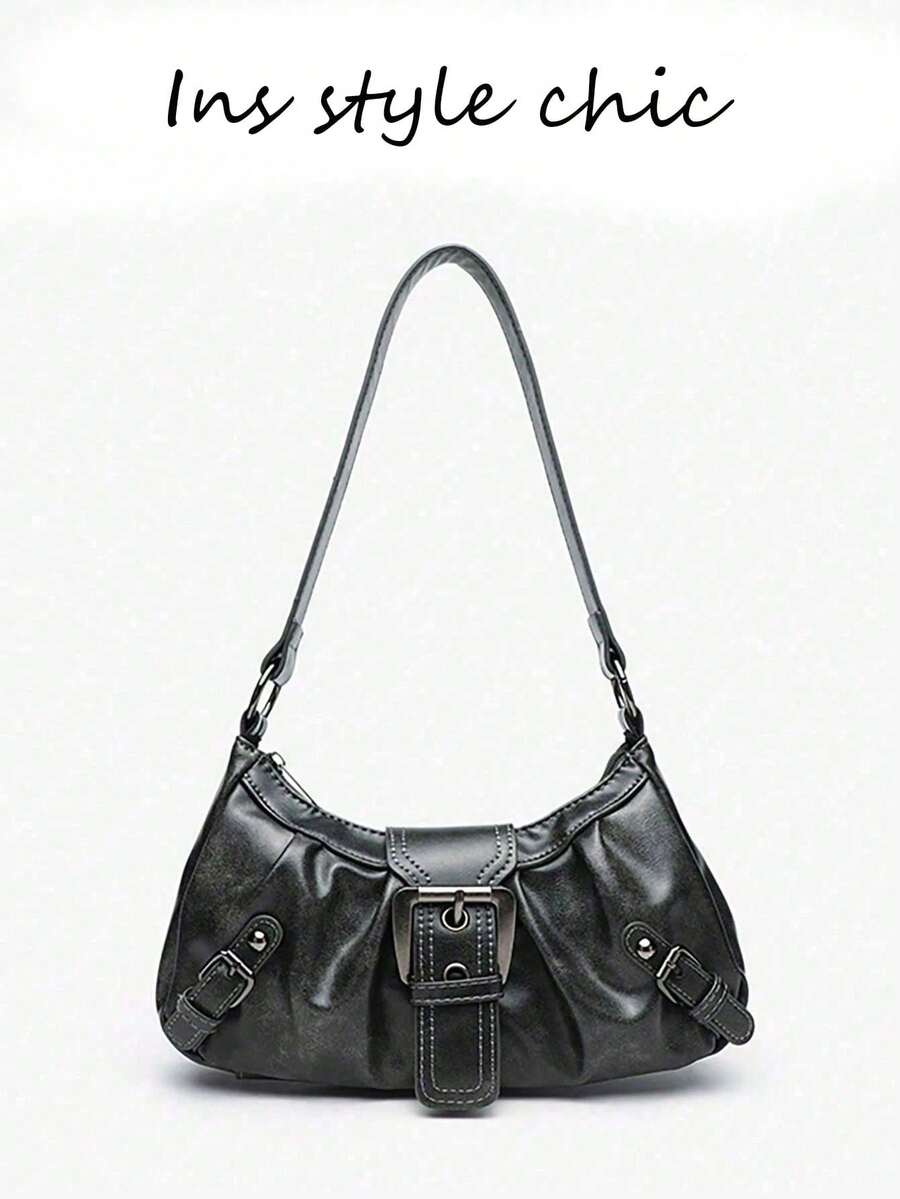 Simple Ruched Shoulder Bag Front Large Buckle Design Side Small Strap Decor Adjustable Single Strap Lightweight Armpit Bag For Shopping Casual Use - Black - View 1
