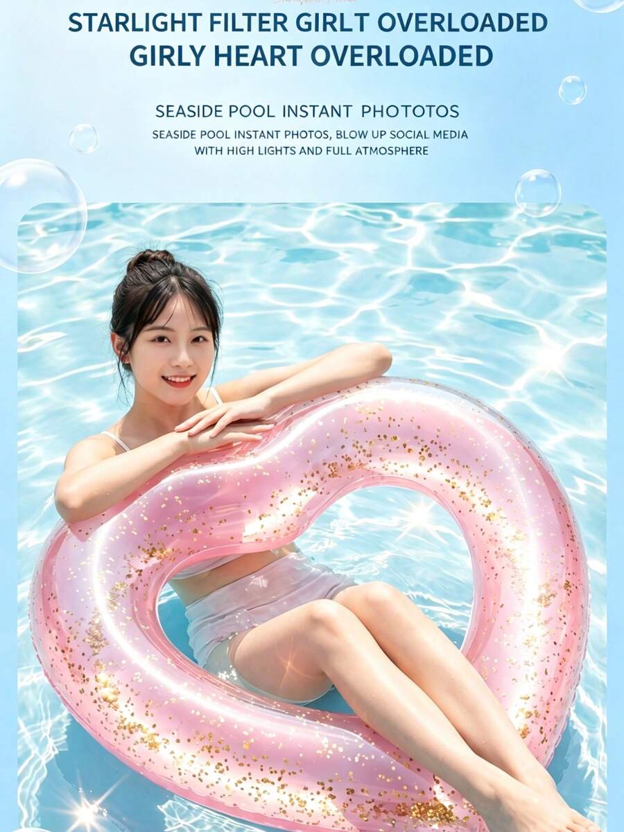90# 心形充氣游泳圈,玫瑰金亮面亮片 PVC 材質泳池浮床,大號成人心形浮游玩具,加厚防漏防水充氣浮床,可愛心形水上遊戲設備,適合夏季海灘游泳、泳池派對、戶外水上活動、度假拍照道具 - 多色 - 查看 1