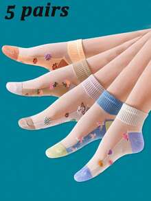 5 Pairs Women's Summer Cartoon Pattern Ultra-Thin Sheer Lace Mesh Socks, Comfortable Breathable Floral Print Anti-Snag Elegant Daily Socks, Versatile For Everyday Wear - Multicolor - View 8