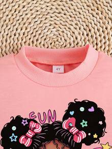 Young Girl Cartoon Print Crew Neck Sweatshirt And Leggings Casual Set - Pink - View 4