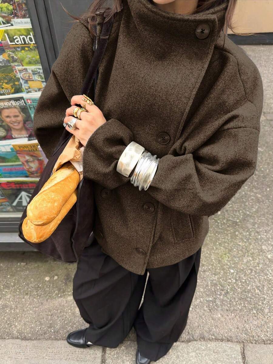 Women's New Solid Color Vintage Double-Breasted High Collar Coat, Autumn/Winter Commuter Jacket Fall - Chocolate Brown - View 1