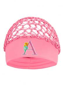 Floral Embroidered Letter Mesh Cap For Women - Personalized Initial Alphabet Elastic Wide Band Hair Bonnet, Crochet Hollow Out Night Sleep Hat - Pink - View 10