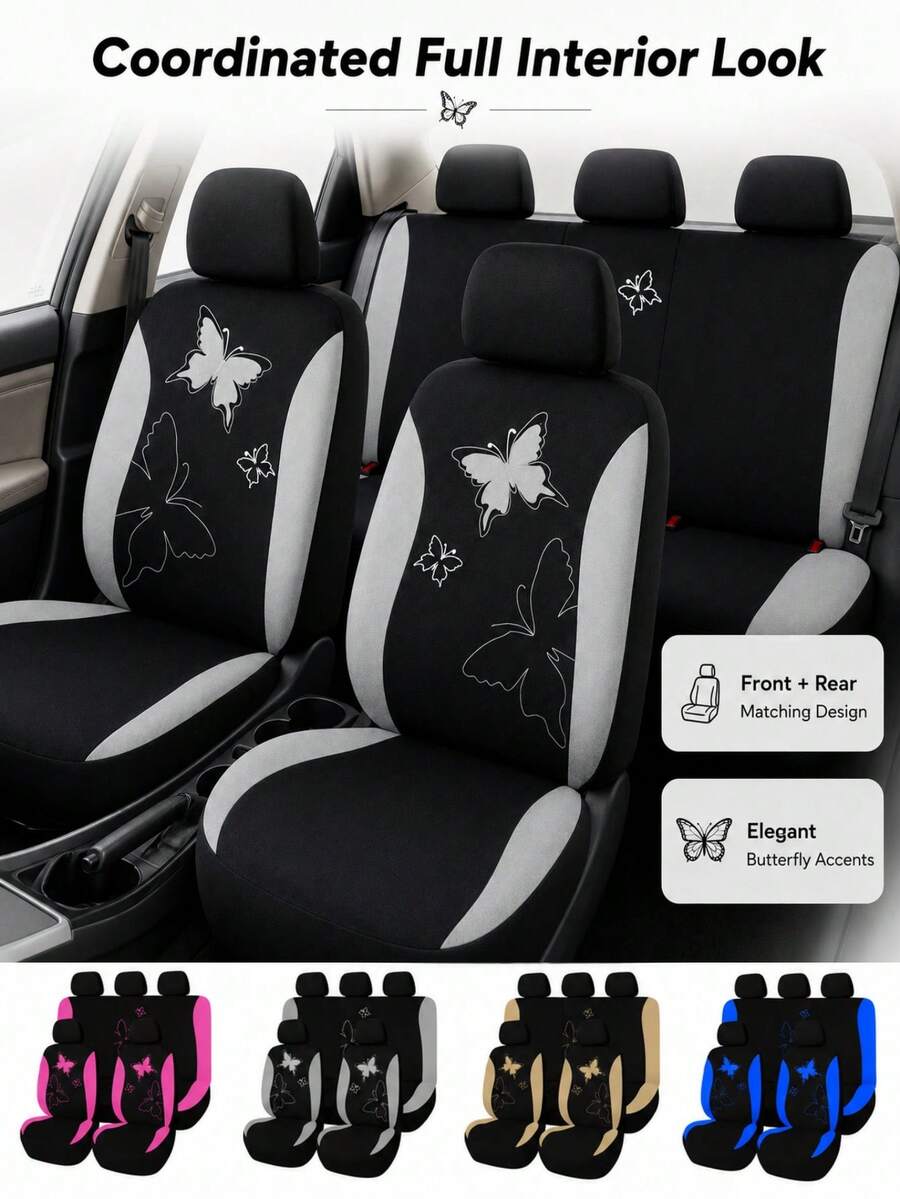 Butterfly Pattern Car Seat Covers Full Set – Universal Fit For SUV/Sedan/Van (5 Headrest Covers + 2 Front Seat Covers + 2 Rear Seat Covers) | Airbag Compatible, Stylish & Practical - Type a - View 1