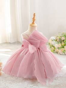 Baby Girls Spaghetti Strap Ruched Bow Starry Tulle Cute Birthday Princess Dress, Suitable For Party, Wedding Flower Girl, Vacation, Without Headband - Dusty Pink - View 3