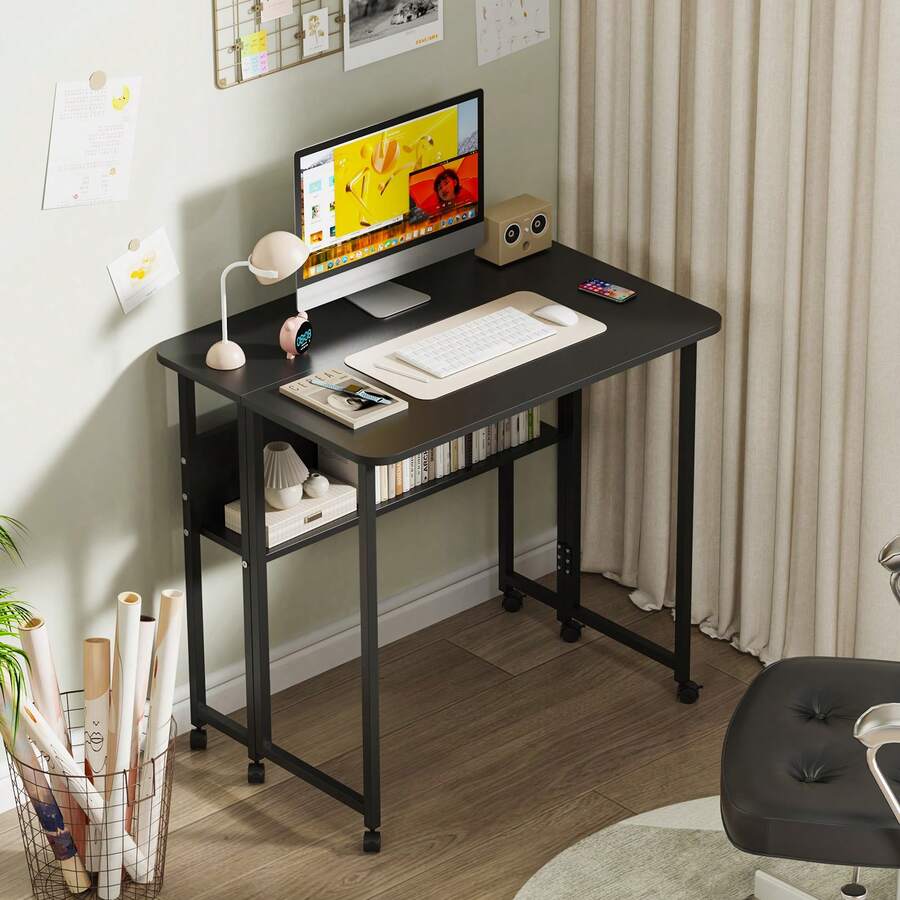 Folding Table With Wheels - Home Office Desk - 80x58x75cm - Folding Computer Desk With Bookshelf - Portable Mobile Workstation - Suitable For Small Spaces - Black - View 1
