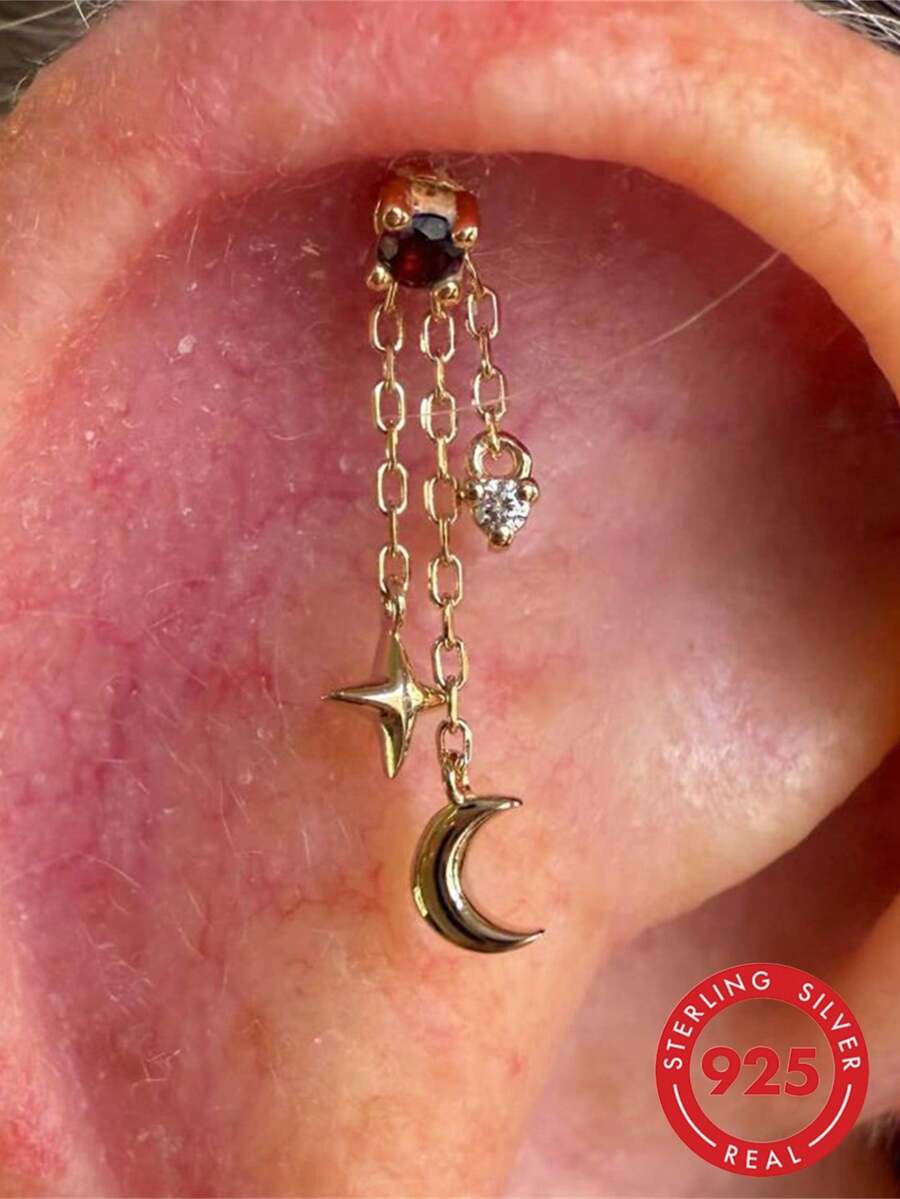 1pc 925 Sterling Silver Star & Moon Pendant Charm, Layered Dangle Chain Pendant, Delicate Cartilage Spiral Conch Ear Cuff Piercing Jewelry - Stars and Moon - View 1