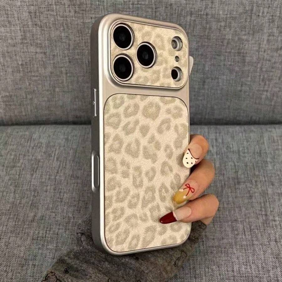 Luxury Shiny Leopard Print Lens Protection Phone Case, Compatible With 17 Pro Max, 16, 15, 14 Pro Max, 13, Fashionable Creative Unique Back Cover - Silver - View 1