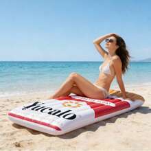 1pc Creative Inflatable Pool Lounge Chair, Classic Red White Gold Striped Beach Float, Summer Water Play Equipment - 彩色 - 查看 2