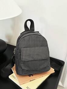 1 pieza Mochila escolar de poliéster a cuadros con cierre de cremallera para niñas, adecuada para uso diario escolar en primavera/verano - Blanco y Negro - Ver 1