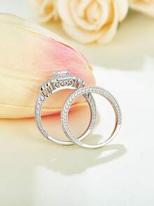 1 buah Cincin Pertunangan Set 2-in-1 Perak Sterling 925 Mewah Elegan dengan Batu Utama Persegi dan Pola Bunga - Perak - View 5
