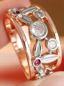 Two-Tone Hollow Wide Band Ring, Hollow Leaf And Flower Design, Inlaid With Round Red Synthetic Zirconia, Date, Valentine's Day Gift - Rose Gold - View 8