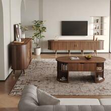 3-Piece Living Room Set, Coffee Table With Lift-Up Top, TV Cabinet, Sideboard, Sliding Doors, Vertical Ribbing, Wooden Feet, Gold Handles, Storage Space - Natural Color - View 4
