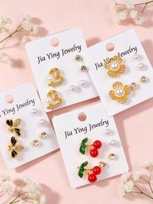 5套（15對）女款水鑽耳釘耳環套組，極簡蝴蝶與愛心造型時尚日常婚禮派對珠寶，送給女孩的禮物 - 隨機5套水鑽耳環混 - 查看 8