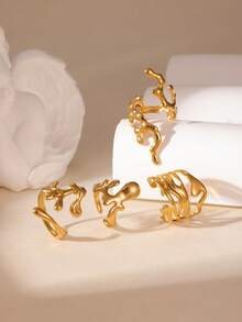 GEREIT 4pcs Summer Fashion 18K Gold Plated Stainless Steel Asymmetrical Hollow Open Gold Rings Set, Suitable For Women's Daily Wear And Dating - Gold - View 2