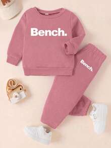 Toddler Letter Print Warm Crew Neck Sweatshirt And Sweatpants - Rusty Rose - View 2