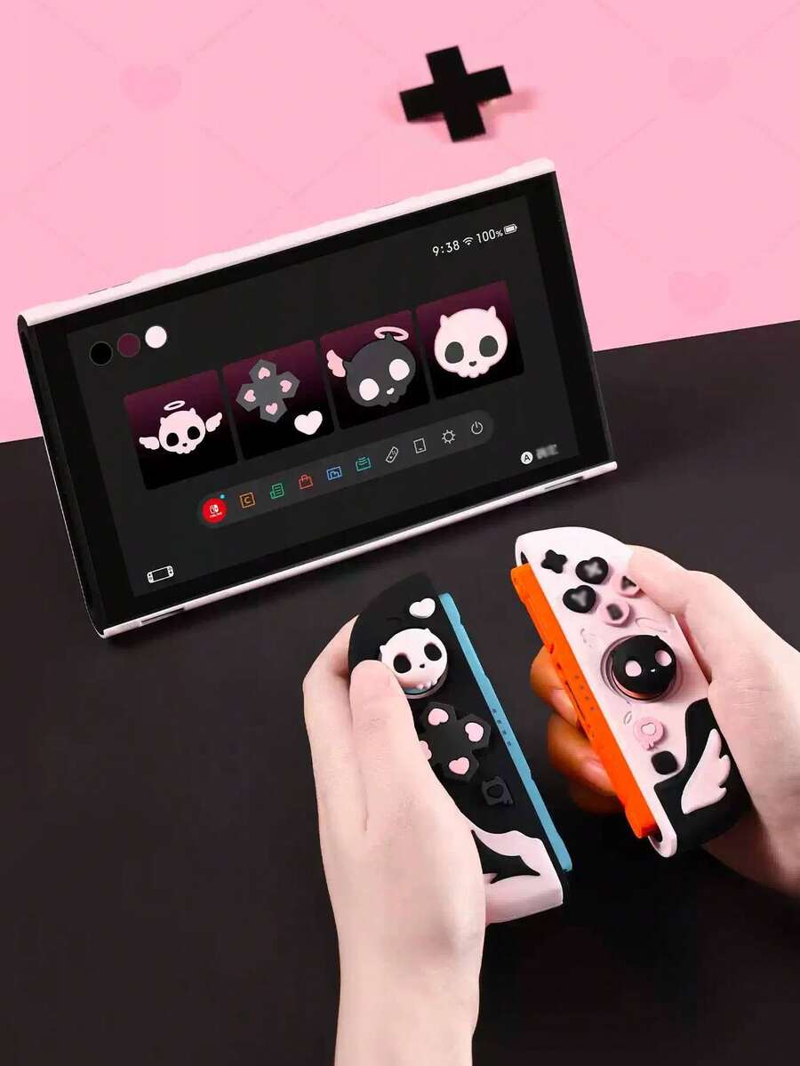 GeekShare Sweetheart Skull Switch 2 Protective Case Set, Black & Pink Color Scheme, PC Hard Back Plate With Silicone Joystick Caps, Includes 2 Anti-Slip Joystick Caps - View 1