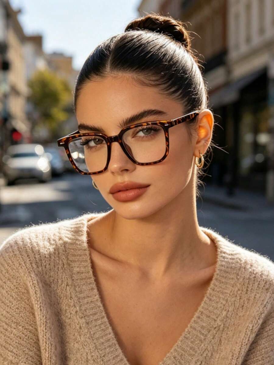 1 Paar Damen-Brille mit quadratischem TR-Rahmen im Schildpatt-Muster, leicht, glänzend, Vintage Y2K Ins-Stil, für Schulanfang, Alltag, Büro und Campus - A - Übersicht 1