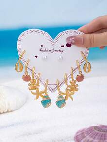 6Pairs Assorted Stackable Earring Pack, Gold C-Hoop Dangle Earrings With Enamel Fish & Marine Animal Pendant, Women's Summer Daily Sweet Accessories - Pink Flowers - View 6