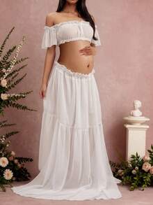 Maternity Strapless Ruffle Hem Dress, Chiffon Moderate Stretch Ruffle Detail Front Slit Ruffle Hem Maternity Photography Baby Shower Party Dress Fall - White - View 5