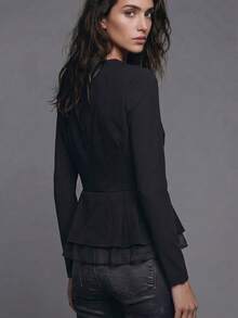 Blazer Wanita Elegan Warna Hitam dengan Hem Asimetris dan Ruffle, Trim Renda Kontras, Lengan Panjang, Bahan Poliester, Jaket Musim Gugur - Hitam - View 7